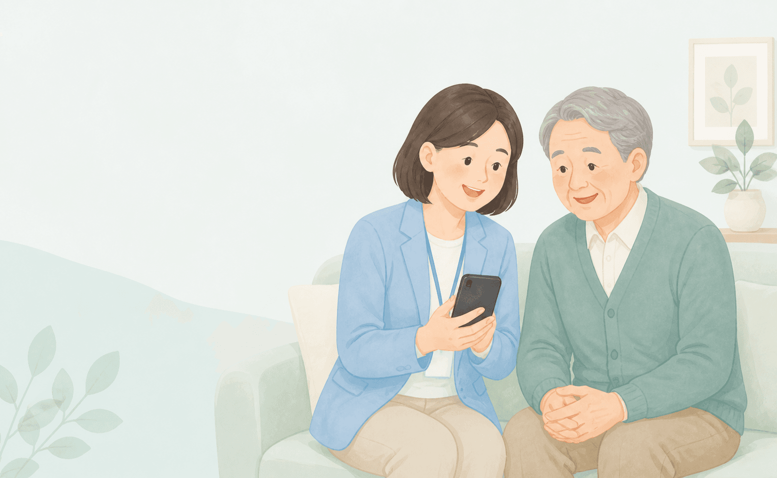 스마트폰을 함께 보며 상담하는 상담사와 어르신